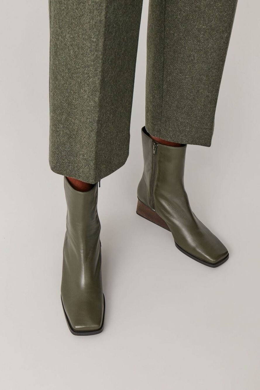 COS Women’s Dark Green Square Toe Minimalist Quiet Luxury Wedge Boot